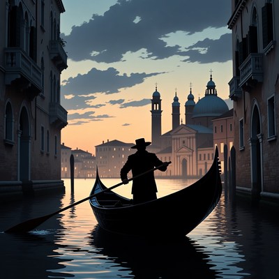 Silhouette Gondolier Rowing Venice Canal