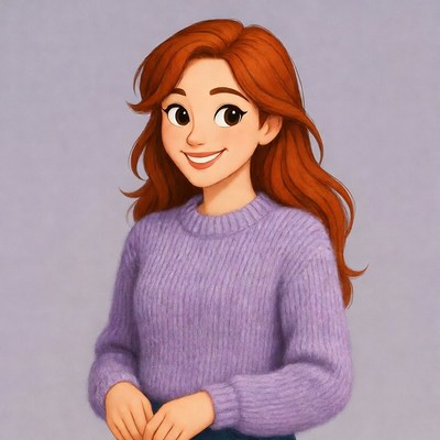 Smiling woman with red hair in purple sweater