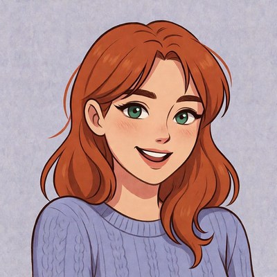 Smiling redhead woman in blue sweater