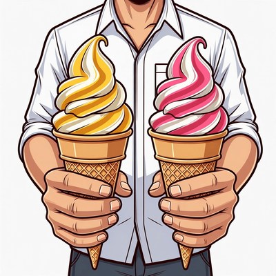 Man holding yellow and pink ice cream cones