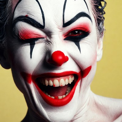 Woman in clown makeup winking laughing