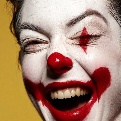 Woman in clown makeup laughing