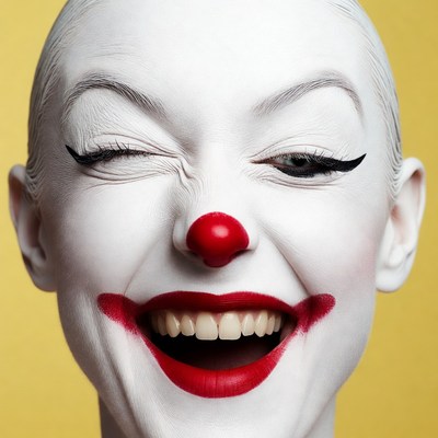 Winking Clown Woman with Red Nose