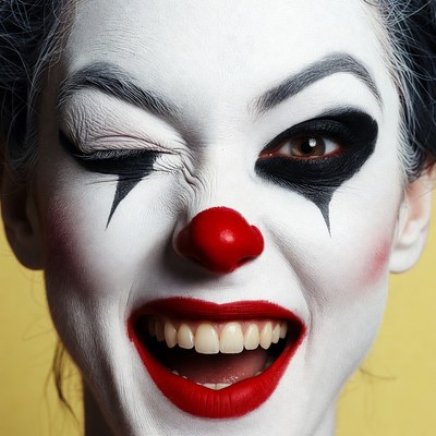 Woman winking in clown makeup