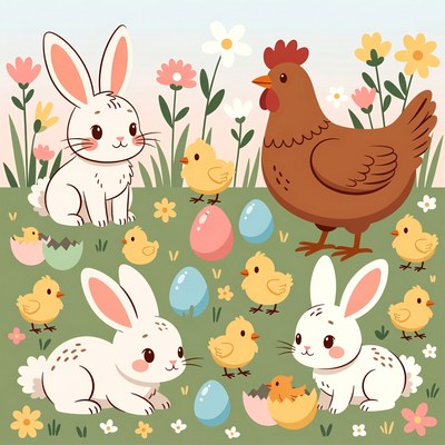 Cute Easter bunnies chicks hen eggs
