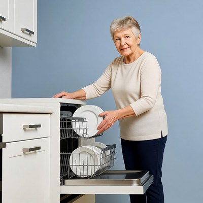 Elderly woman unloading dishwasher