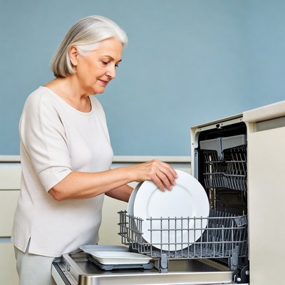 Elderly woman unloading dishwasher