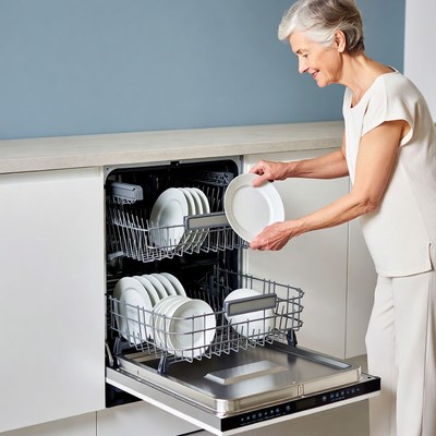 Elderly woman loading dishwasher with plates