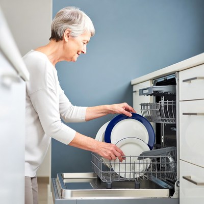 Elderly woman unloading dishwasher