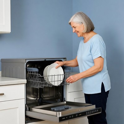 Senior woman unloading dishwasher