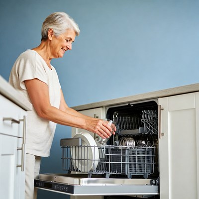 Elderly woman loading dishwasher