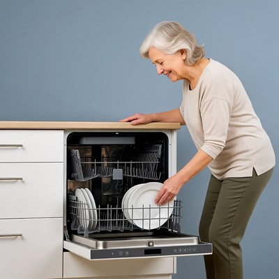 Elderly woman unloading dishwasher