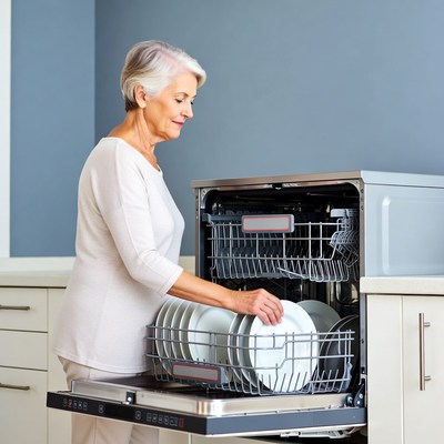 Elderly woman unloading dishwasher