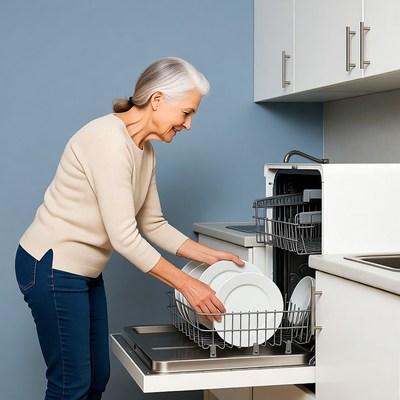 Senior woman unloading dishwasher
