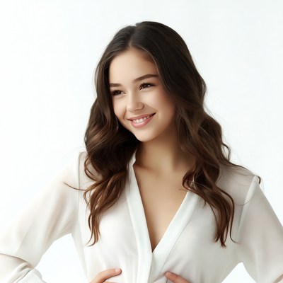 Smiling woman with wavy brown hair
