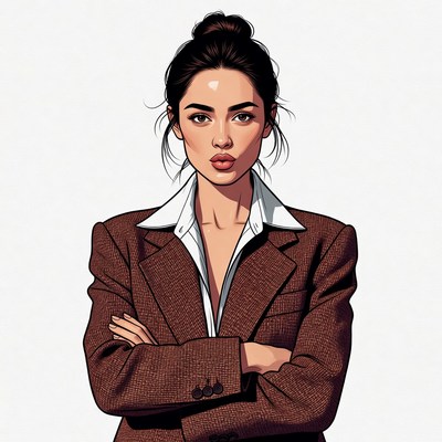 Asian woman in brown suit arms crossed