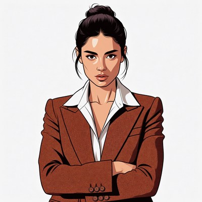 Asian woman in brown blazer arms crossed