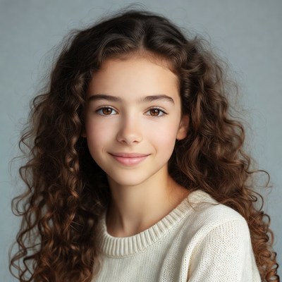 Girl with curly brown hair smiling