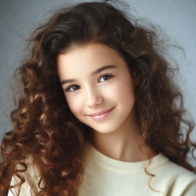 Smiling girl with curly brown hair