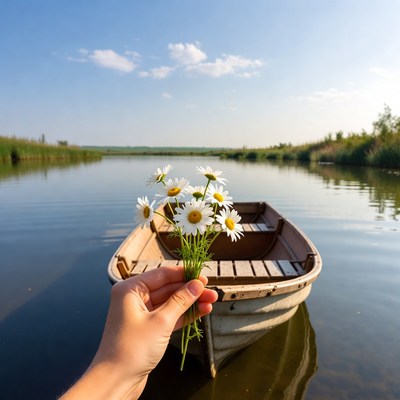Hand holding daisies near wooden boat
