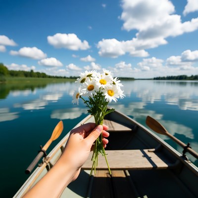 Hand holding daisies in rowboat