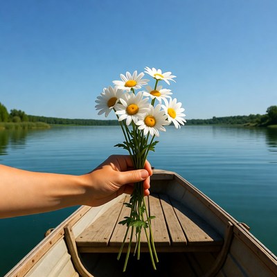 Hand holding daisies in rowboat