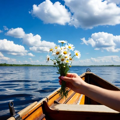 Woman holding daisies in canoe