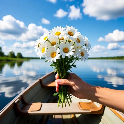 Woman holding daisies in canoe