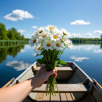 Hand holding daisies in rowboat