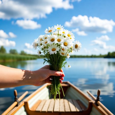 Hand holding daisies in rowboat
