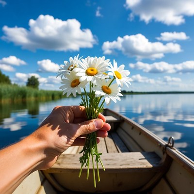 Man's hand holding daisies in boat