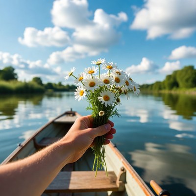 Man's hand holding daisies in boat