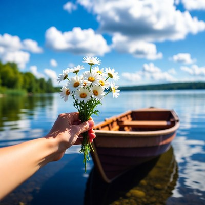 Hand holding daisies near wooden boat