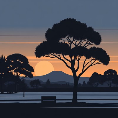Silhouette Tree Sunset Bench Lakeside