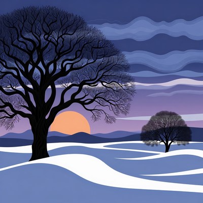 Silhouette Trees in Snowy Sunset Landscape