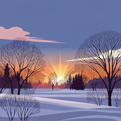Winter Sunset Over Snowy Trees