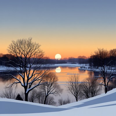 Winter Sunset Over Snowy Lake