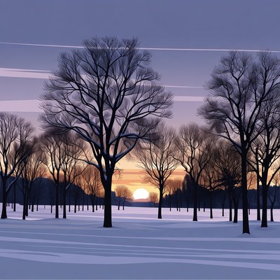 Sunset Over Snowy Tree Grove