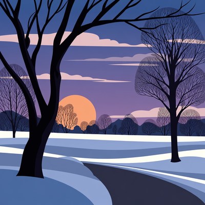 Winter Sunset Path with Bare Trees