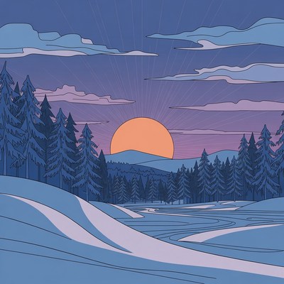 Sunset Over Snowy Pine Forest