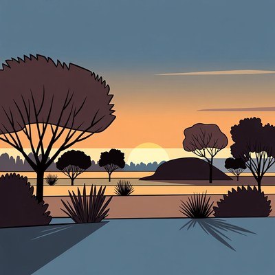 Sunset over savanna landscape illustration