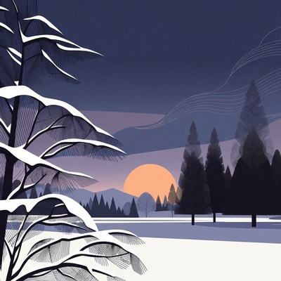 Snowy Pine Trees Sunset Landscape