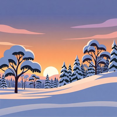 Snowy Pine Trees at Sunset