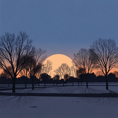 Sun rising over snowy barren trees