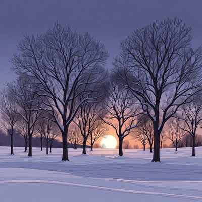 Winter Trees with Setting Sun