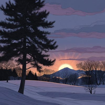 Pine Tree Sunset Over Snowy Mountains