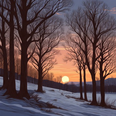 Winter Sunset Through Bare Trees
