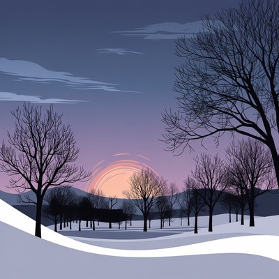 Winter Sunset with Bare Trees