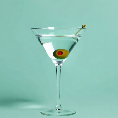Martini with Olive on Teal Background