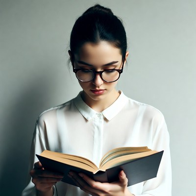 Asian woman reading book in glasses